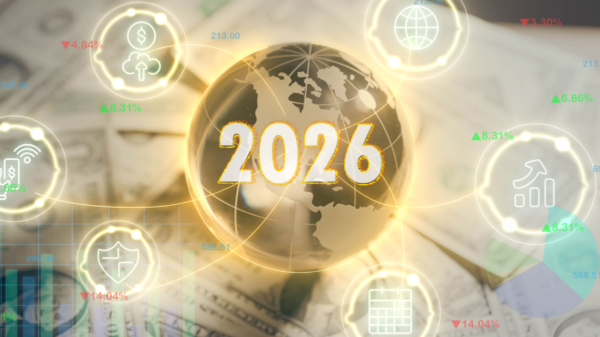 Eine Weltkugel-Illustration mit einem großen 2026 darüber