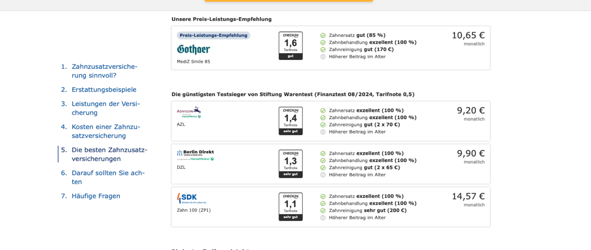 Ein Versicherungsvergleich auf der Website von Check24