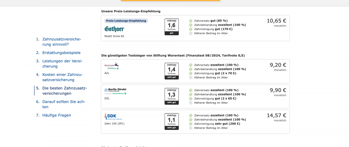 Ein Versicherungsvergleich auf der Website von Check24