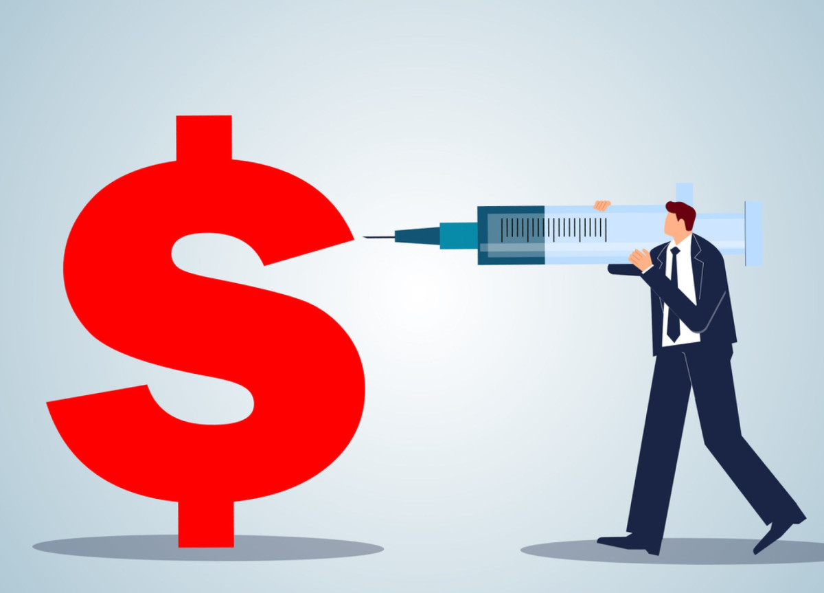 Animation eines Mannes mit einer großen Spritze, der ein Dollarzeichen sticht.