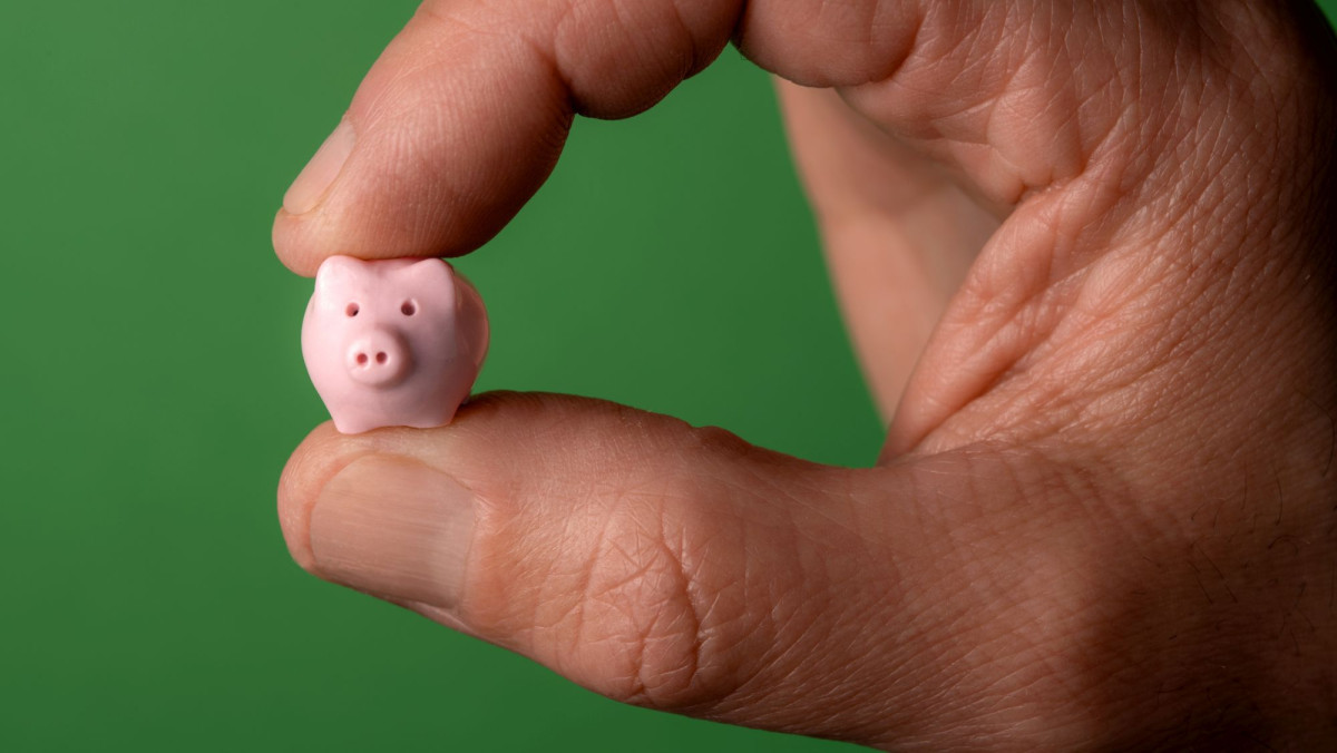 Kleines Sparschwein zwischen Fingern