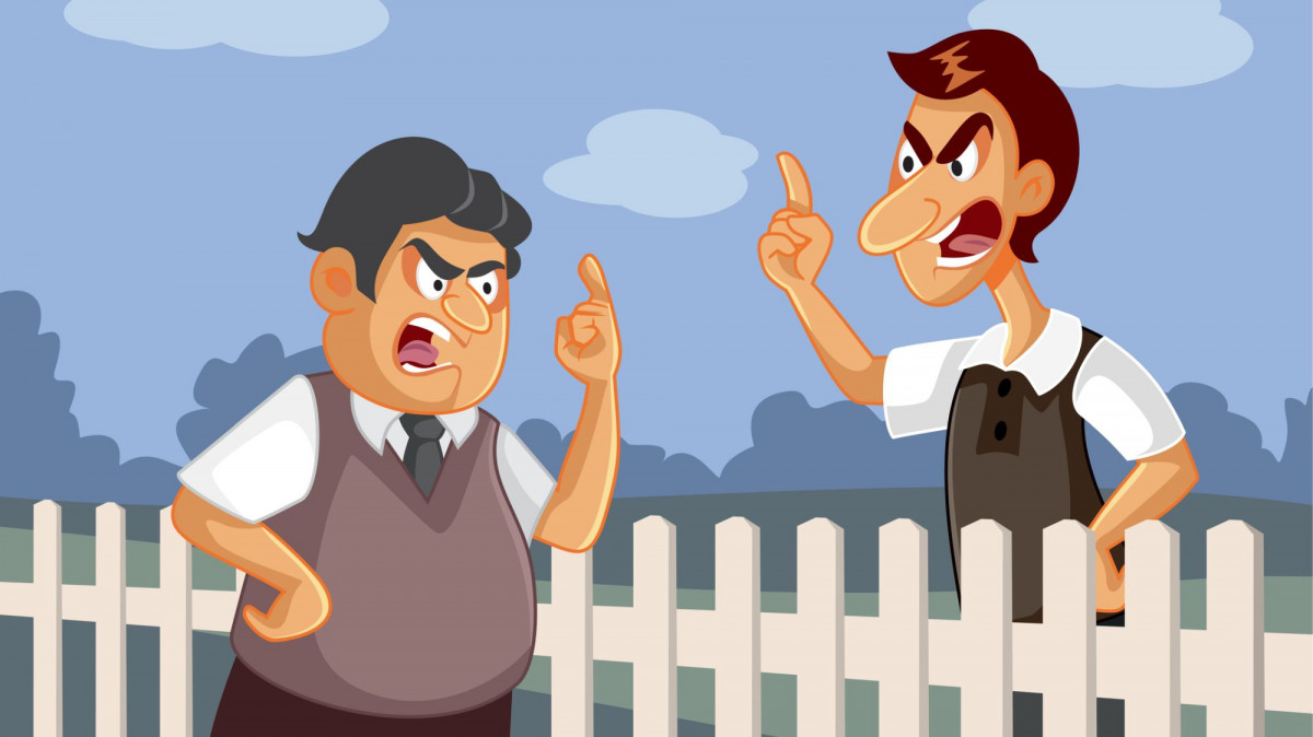 Zwei Nachbarn streiten sich am Gartenzaun