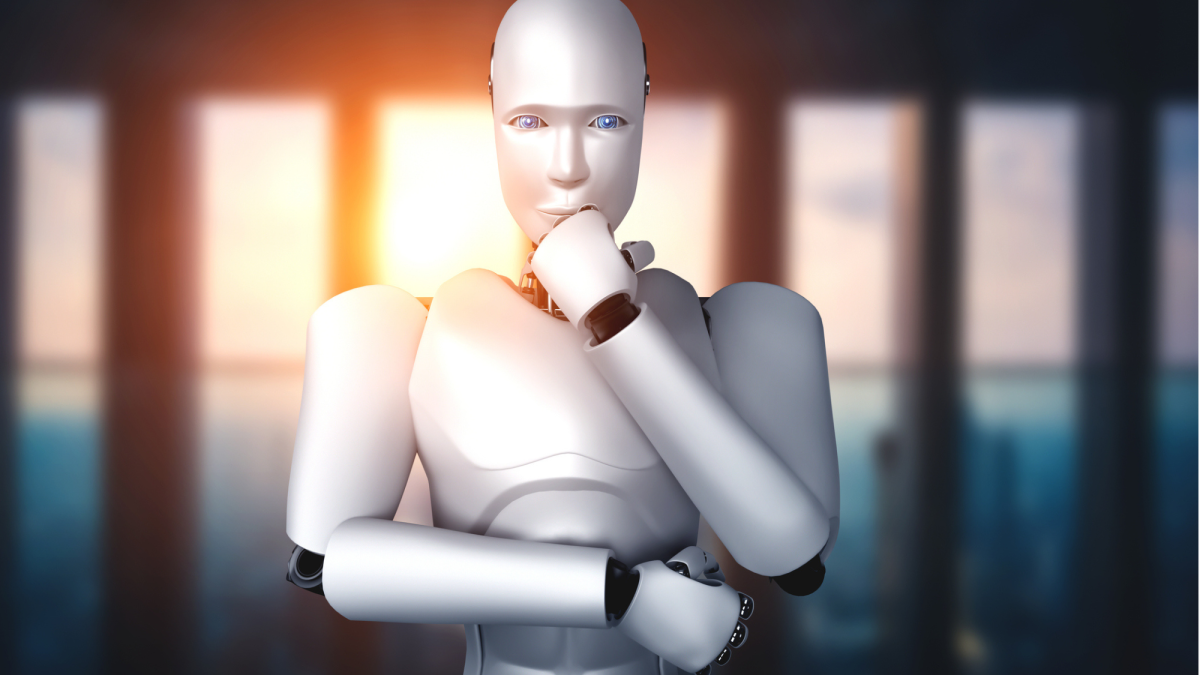 Ein Roboter-Wesen führt nachdenklich die Hand zum Kinn