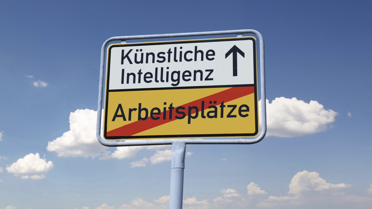 Ortsausgangsschild mit Schriftzug Künstliche Intelligenz und Arbeitsplätze (Fotomontage)