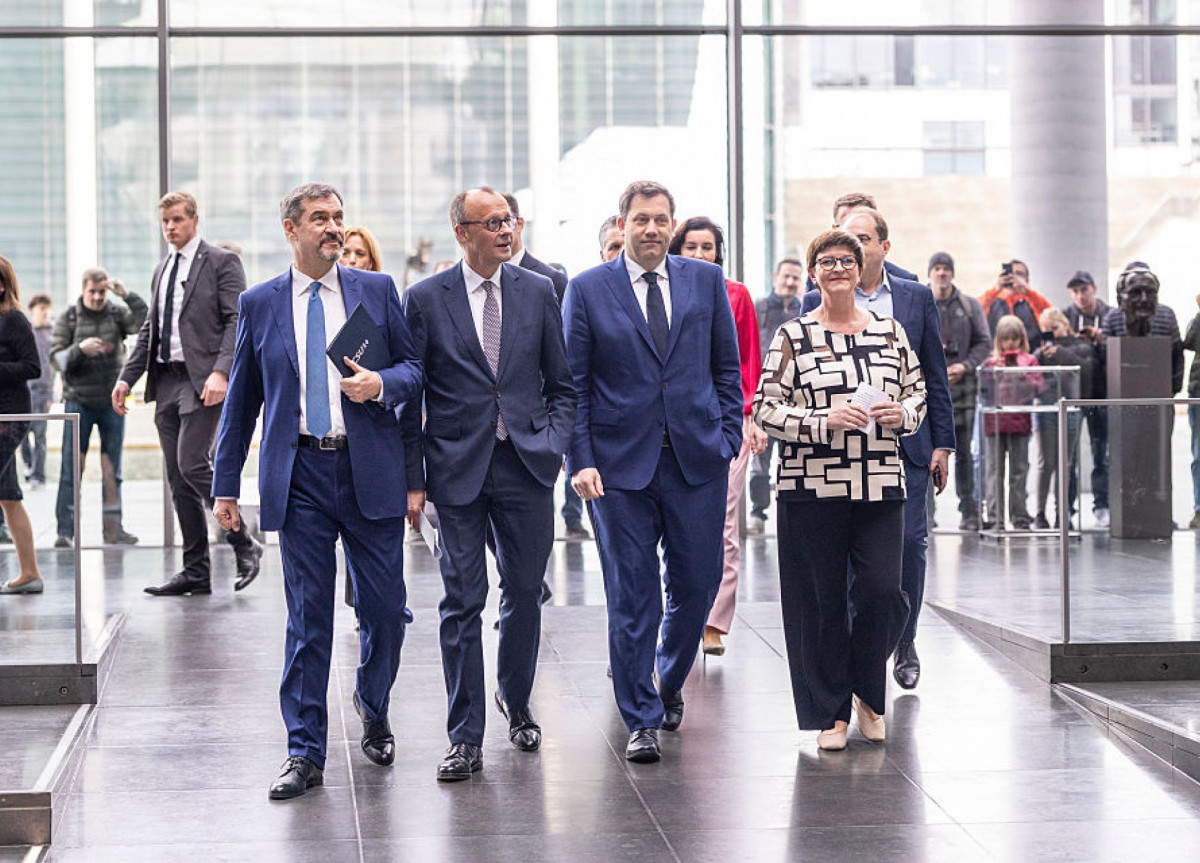 Markus Söder, Friedrich Merz, Lars Klingbeil und Saskia Esken am 9. April