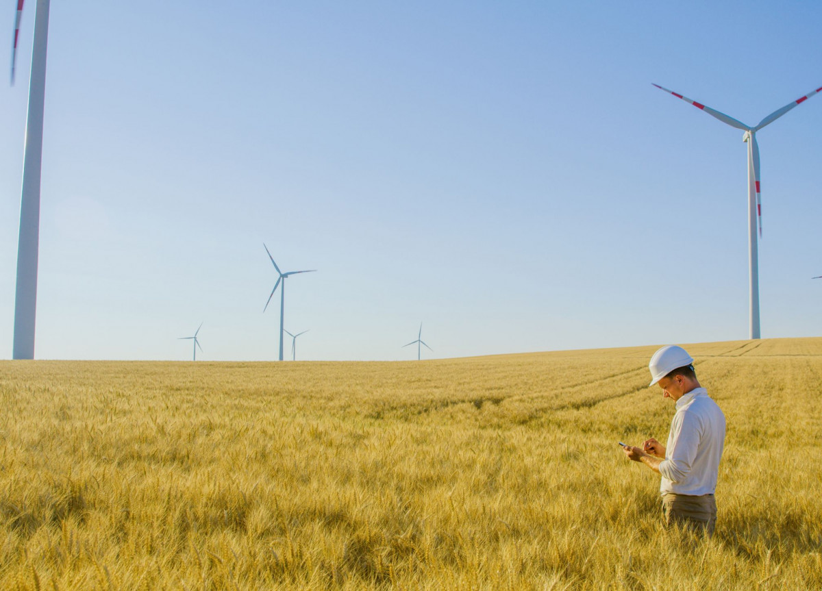 Ein Ingenieur steht auf einem Weizenfeld zwischen Windrädern
