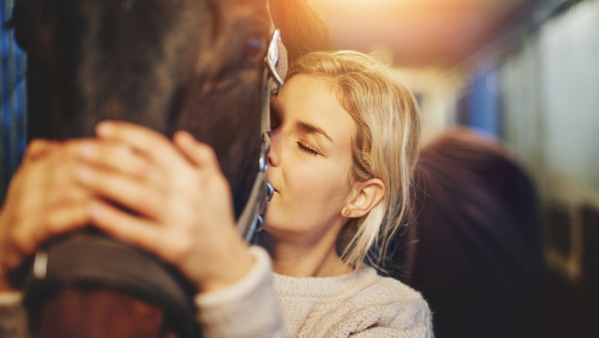 Pferdehalterin umarmt Pferd