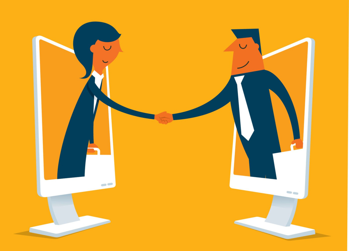Zwei gezeichnete Personen schauen aus Computer-Bildschirmen heraus und geben sich die Hand