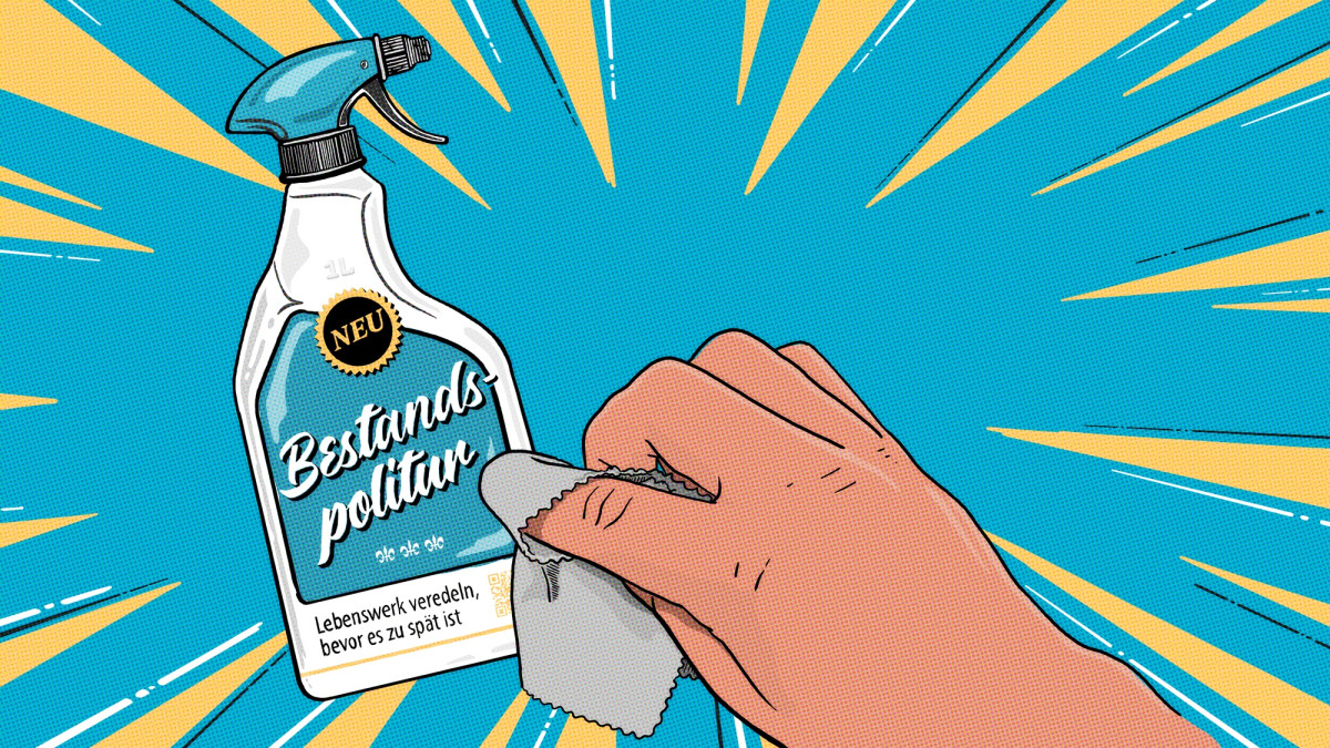 Eine Flache mit Putzmittel und der Beschriftung „Bestandspolitur“ und eine Hand mit Tuch, die poliert
