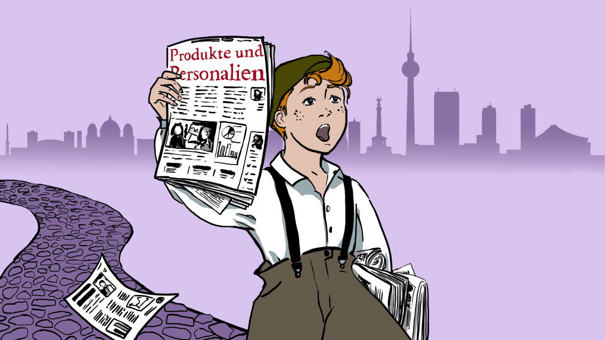 Ein Junge der Zeitungen austrägt hält eine Zeitung hoch, auf der Produkte & Personalien steht.