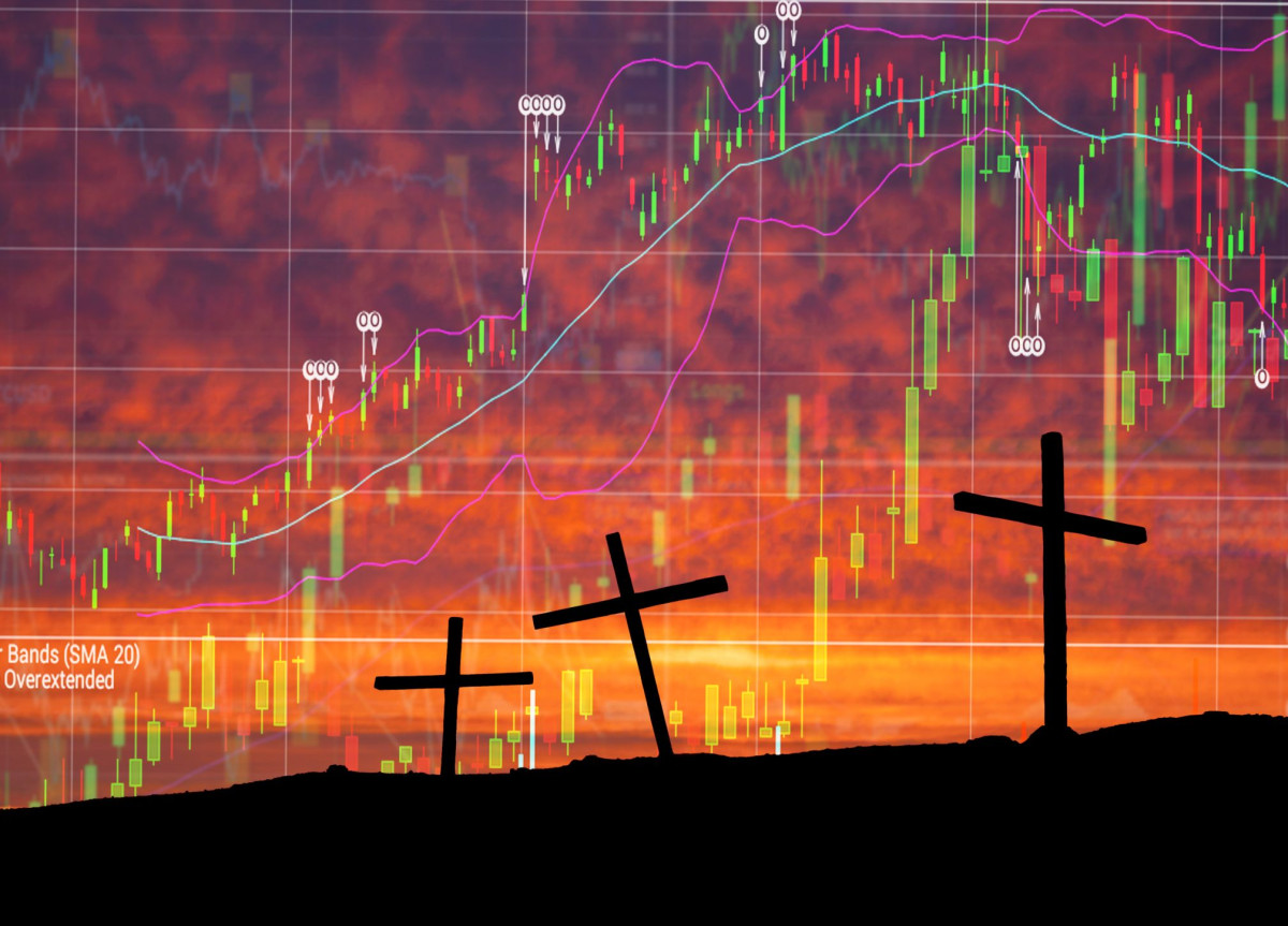 Mehrere Kreuze von Gräbern stehen auf einem Hügel. Im Himmel sind Börsencharts abgebildet.
