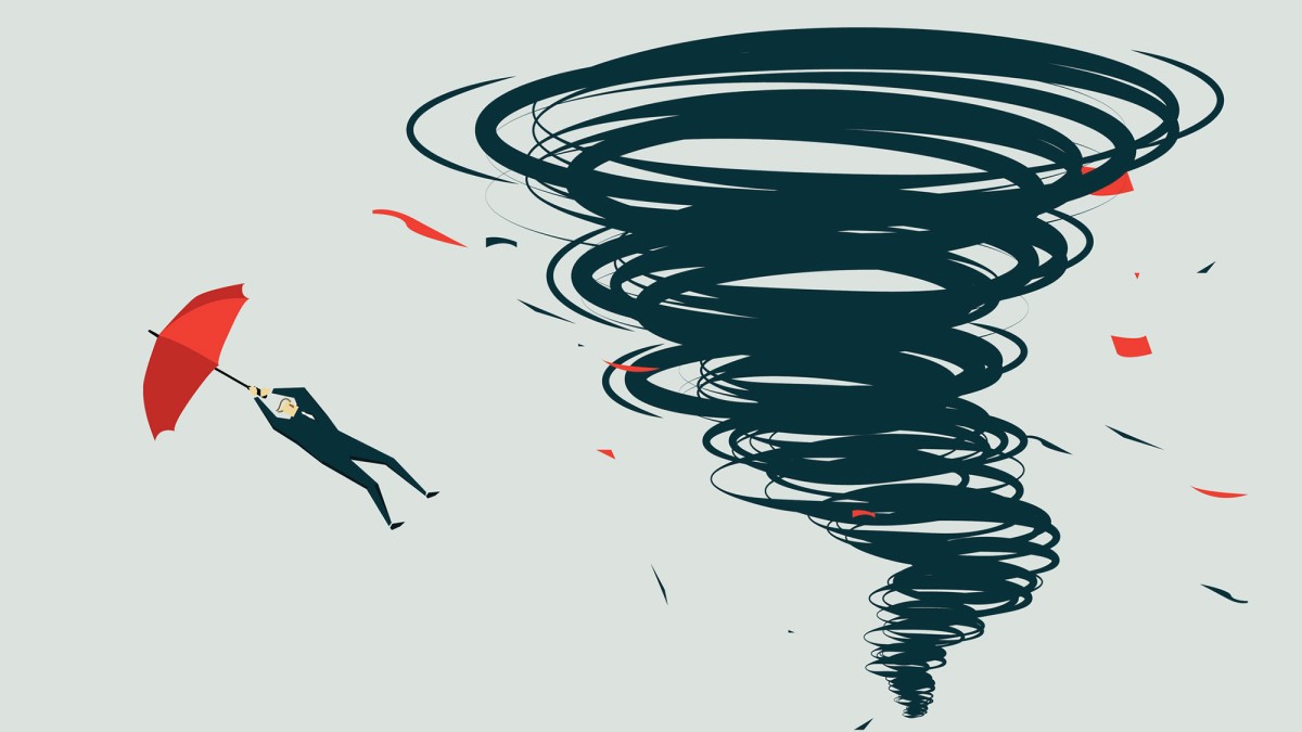 Wirbelsturm fegt Mann mit Regenschirm weg